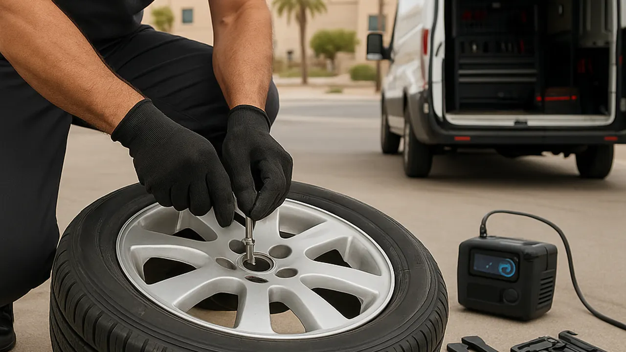 Tyre Repair Al Ain: close-up shot of a tyre technician's gloved hands carefully re-installing a valve stem into a tyre rim