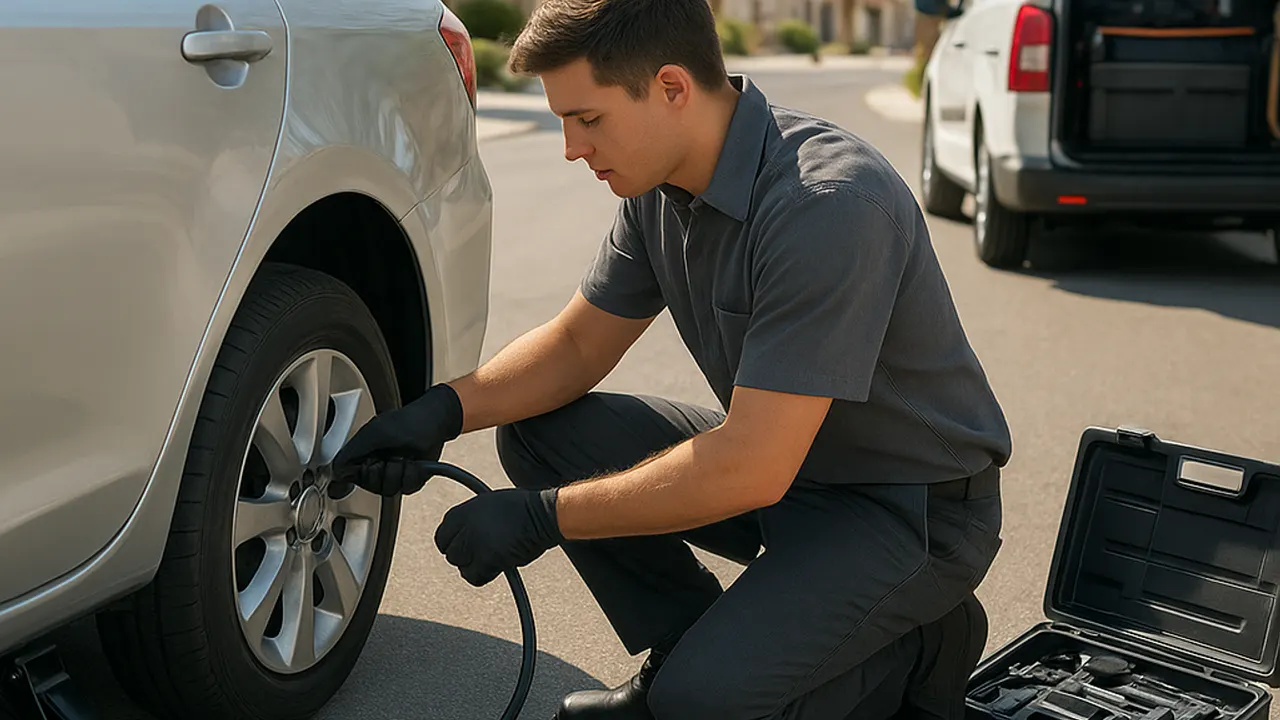 Tyre Puncture Repair in Al Ain: tyre technician using a portable air compressor to inflate a tyre after a patch has been