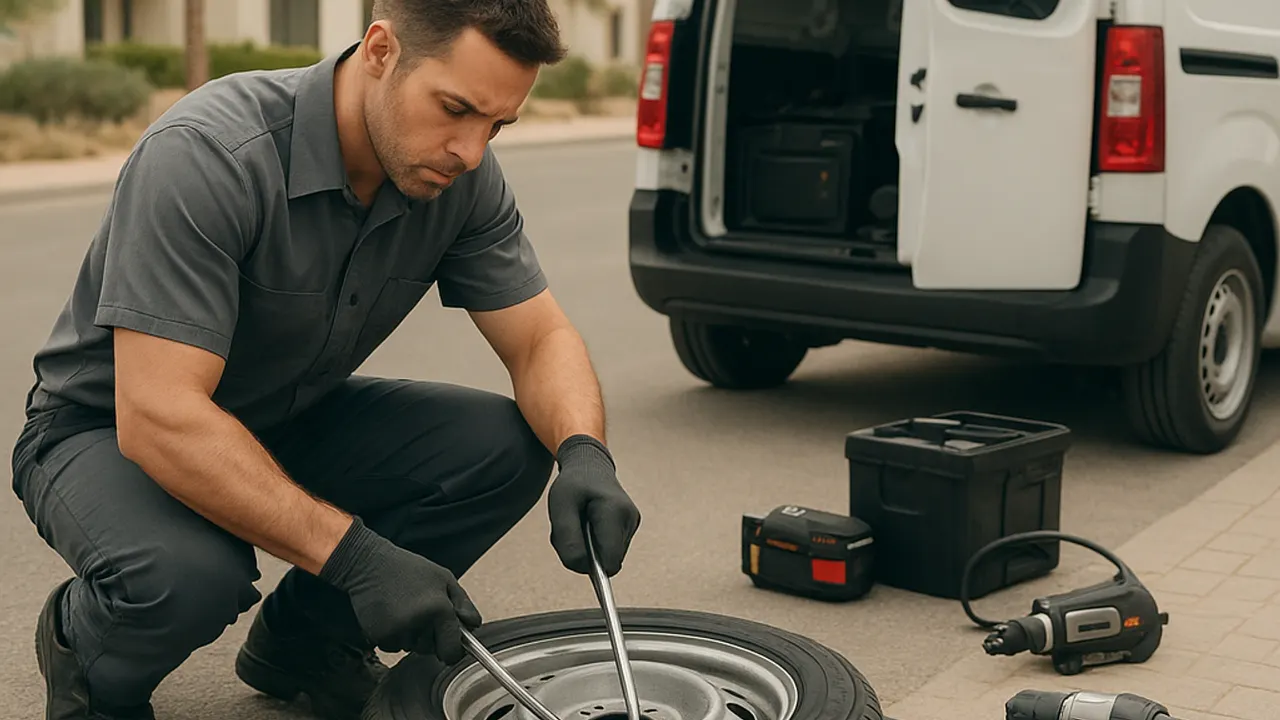 Flat Tyre Repair in Al Ain: tyre technician using tyre levers to carefully separate a flat tyre from its rim, with the wheel