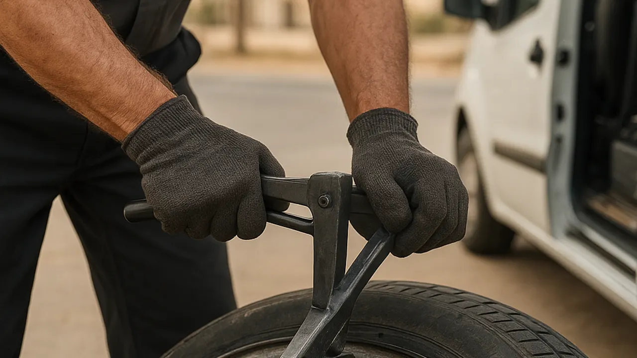 Mobile Tyre Changing Service in Al Ain: tyre technician using a manual bead breaker to dislodge an old tyre from the rim