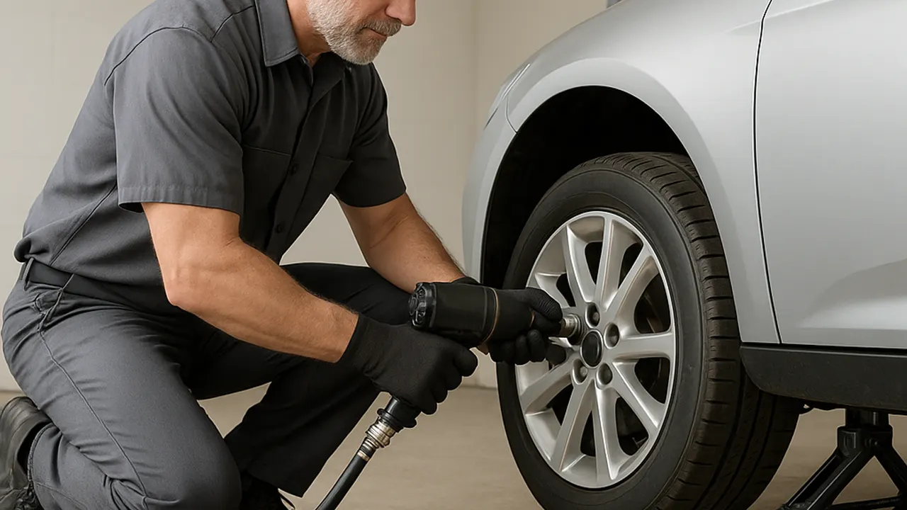Tyre Repair at Home in Al Ain: tyre technician working on a customer's flat tyre in their home garage, using a portable air
