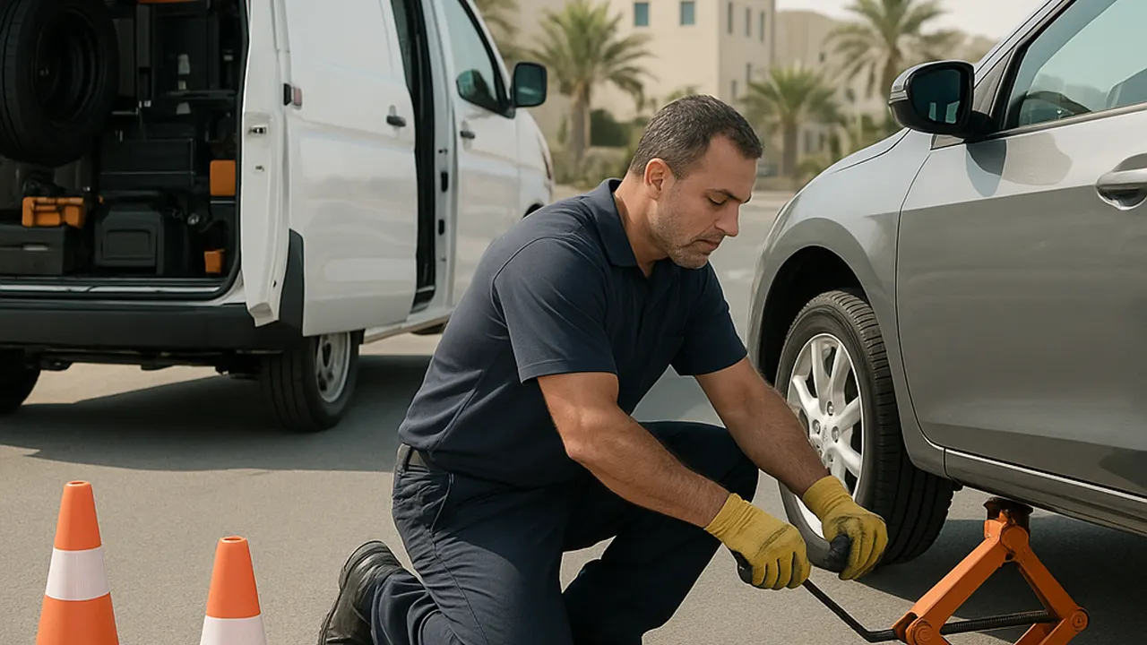 Emergency Tyre Repair in Al Ain: tyre technician swiftly jacking up a car on a busy roadside, placing safety cones around