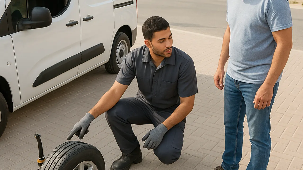 Tyre Repair Al Ain: tyre technician explaining the repair process to a customer, pointing to a repaired tyre, both men