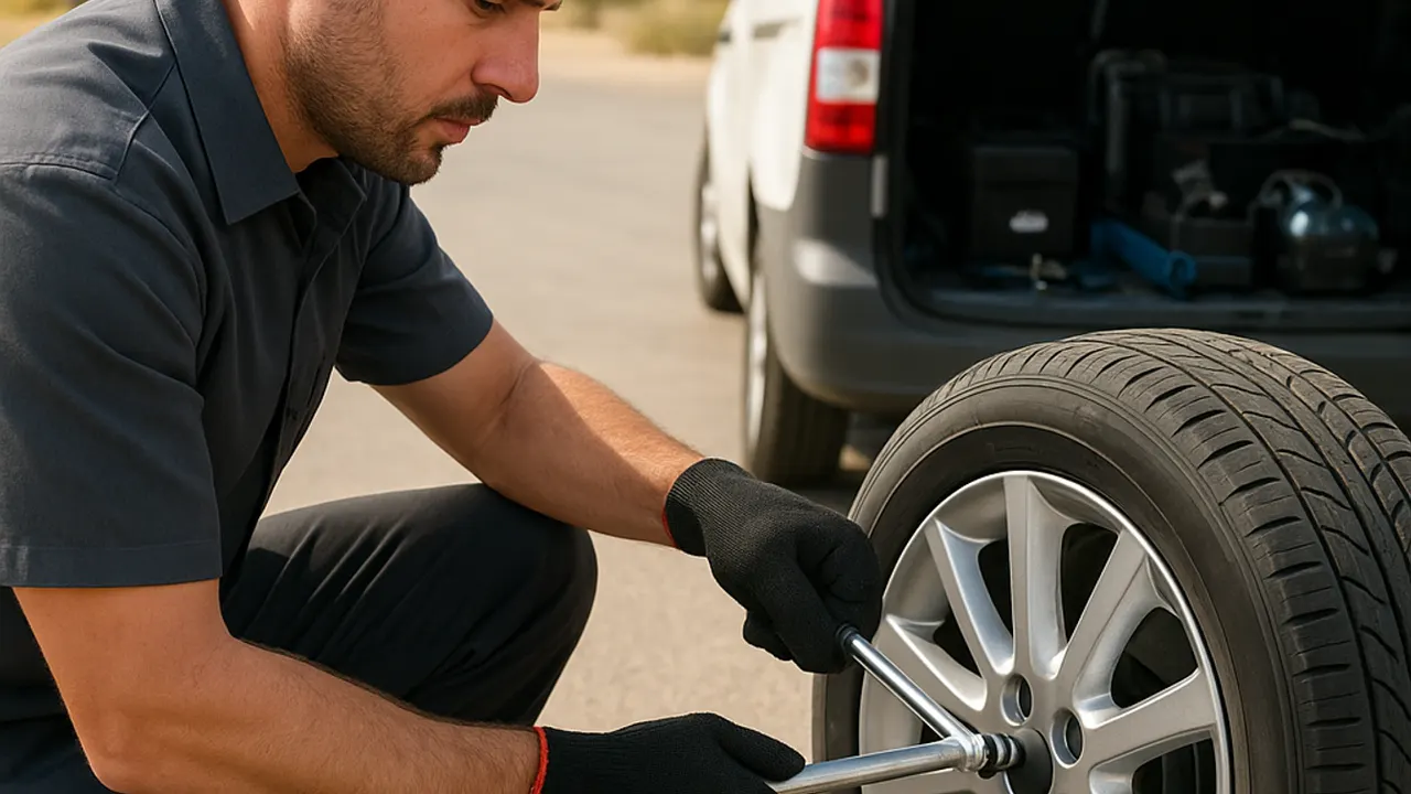 Tyre Repair Al Ain: close-up of a lug wrench being used to tighten lug nuts on a re-mounted wheel, showing careful attention