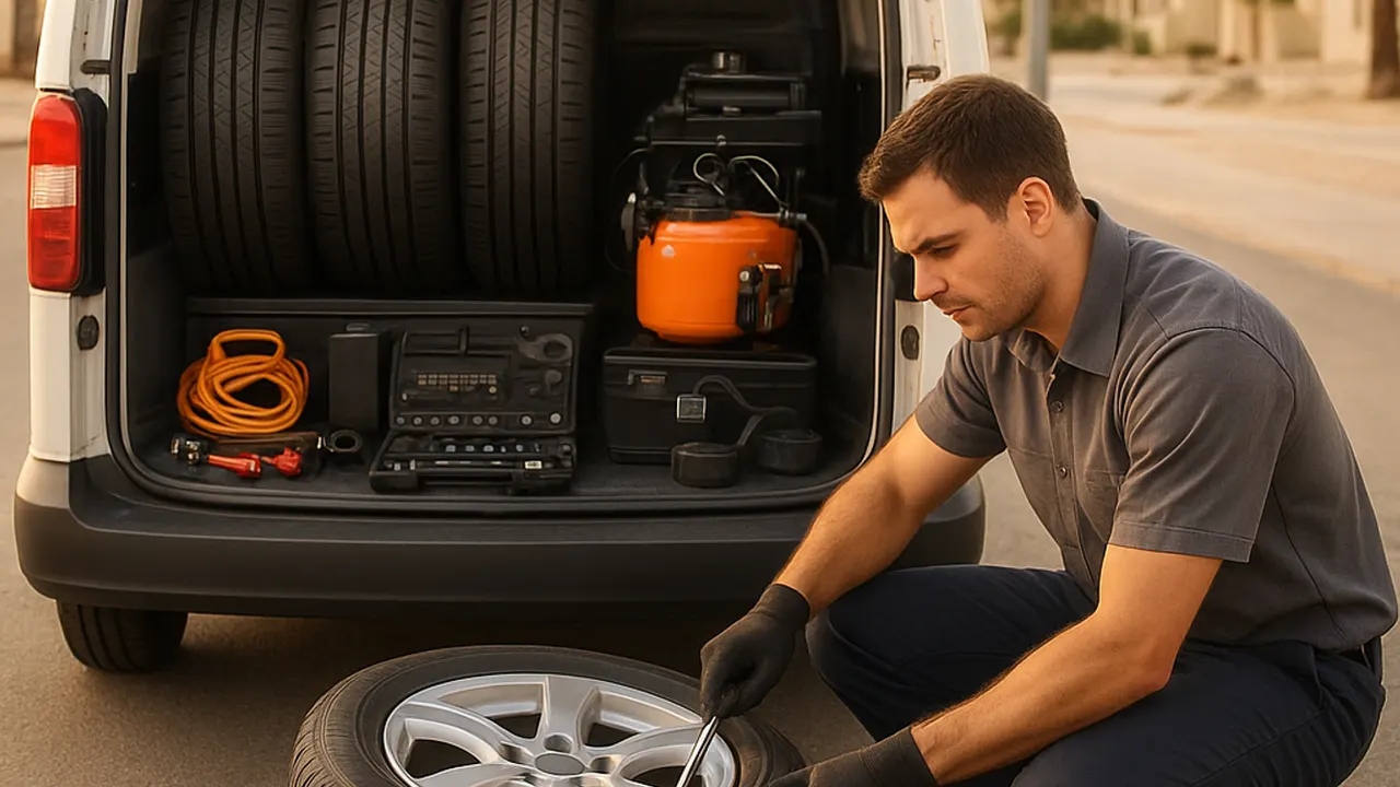 Tyre Repair Al Ain: rear of a clean, well-stocked mobile tyre repair service vehicle with its doors open, displaying various