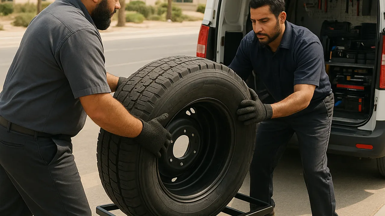 Tyre Repair Al Ain: tyre technician and a colleague collaboratively lifting a heavy truck tyre onto a trolley for